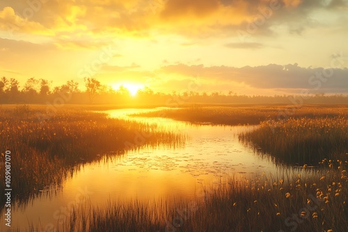 A serene sunset over a wetland, reflecting warm colors in the water and surrounding grasses.