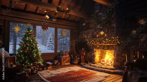 Cozy Cabin Interior Decorated for Winter Holidays