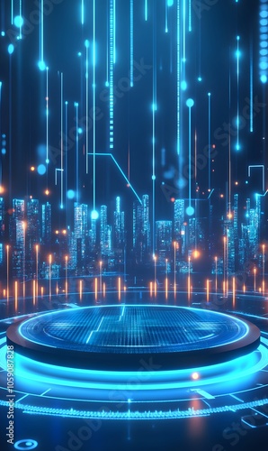 Futuristic Cityscape with Glowing Blue Lights and Circular Platform