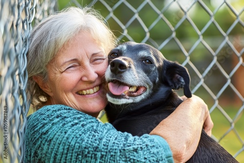 A retired woman volunteering at an animal shelter. photo