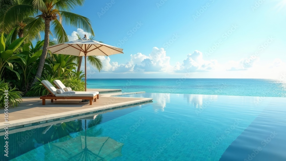 Fototapeta premium Tranquil Infinity Pool Scene with Beach Lounge Chairs