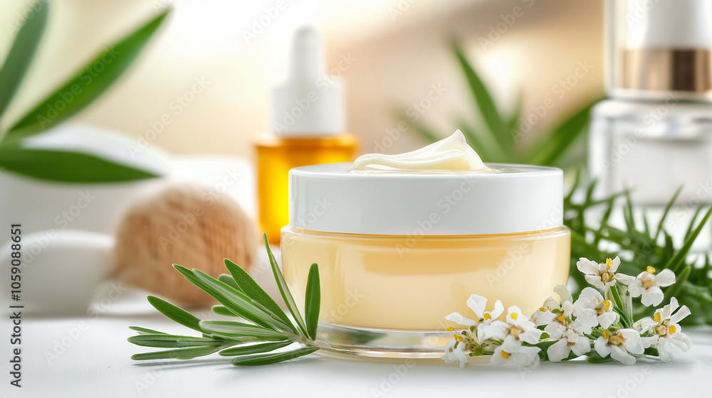 A skincare cream jar photographed on a white surface, with soft lighting to emphasize its natural ingredients A skincare cream jar photographed on a white surface, with soft lighting to emphasize its natural ingredients
