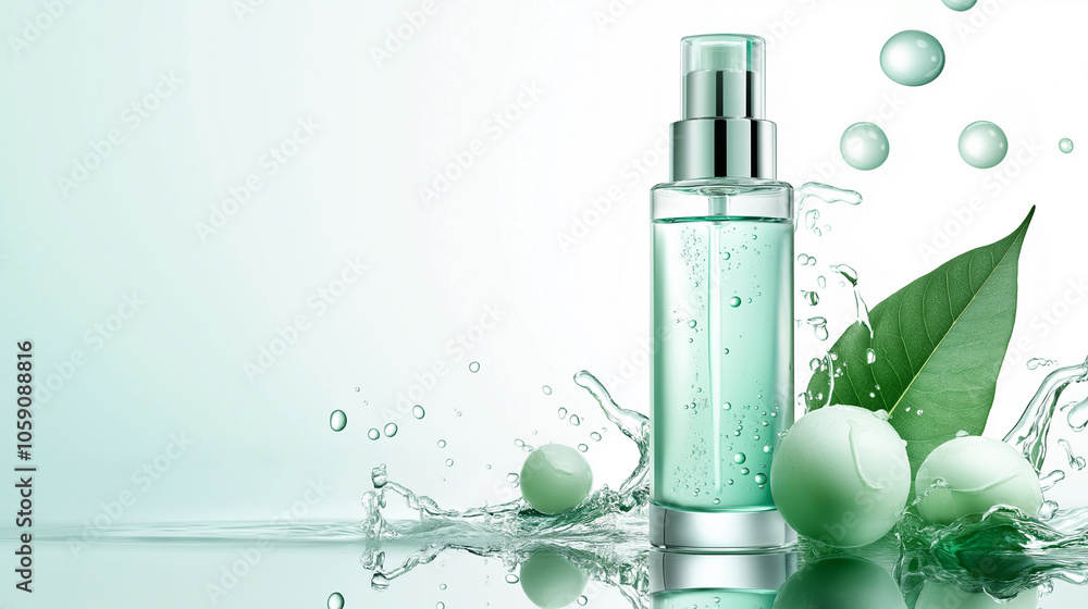 A skincare product shot featuring a serum bottle with water droplets, photographed on a white background with soft lighting A skincare product shot featuring a serum bottle with water droplets, photographed on a white background with soft lighting
