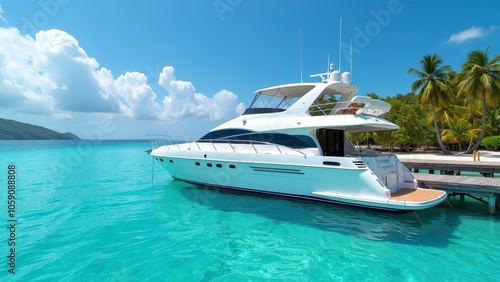 Elegant Charter Boat Anchored by Tropical Island with Crystal Clear Waters