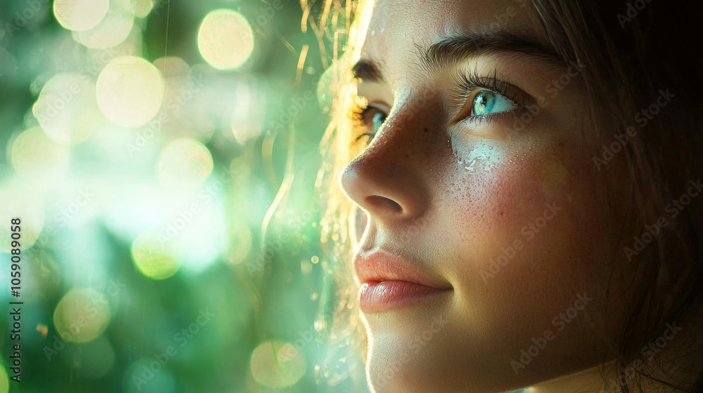 A person recalling a past event, with a warm smile or tearful eyes, showing how emotion impacts memory recall A person recalling a past event, with a warm smile or tearful eyes, showing how emotion impacts memory recall