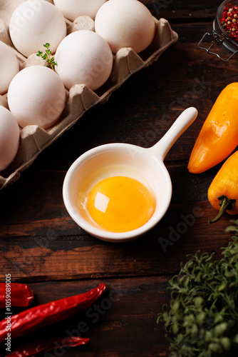 Bright YelloVibrant orange yolk in a white pan-shaped sauce dish, surrounded by eggs, pepper, and fresh greens on a rustic wooden backgroundw Egg Yolk in Pan-Shaped Sauce Dish. High quality photo photo