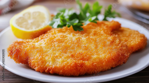 A plate of fried chicken with a lemon wedge on top