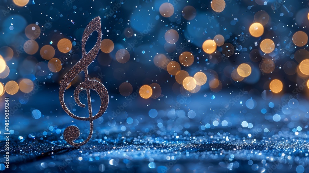 An elegant music note illuminated by soft blue light amidst shimmering bokeh in a serene setting, creating a calming and artistic atmosphere An elegant music note illuminated by soft blue light amidst shimmering bokeh in a serene setting, creating a calming and artistic atmosphere