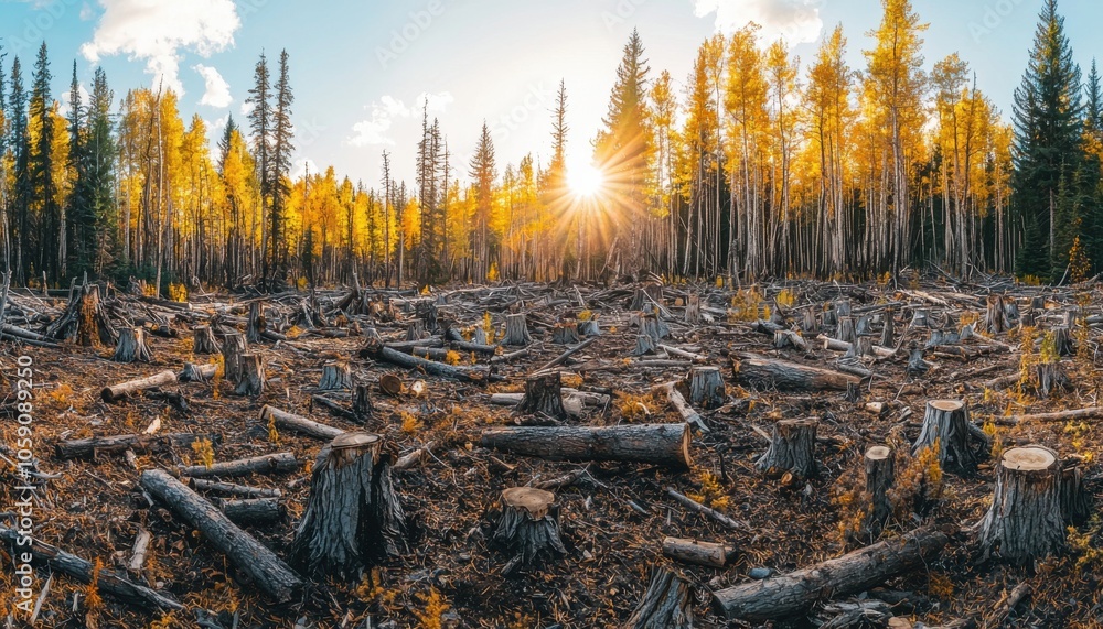 A deforested area with tree stumps under a golden sunset, highlighting environmental concerns. A deforested area with tree stumps under a golden sunset, highlighting environmental concerns.