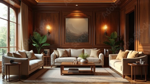 Elegant Luxurious Living Room with Antique Furniture and Soft Ambient Lighting