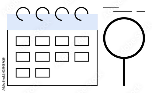 Calendar grid with spiral binding design and magnifying glass symbolizing scheduling, planning, and organization. Ideal for productivity, time management, appointments, events, reminders, and exams