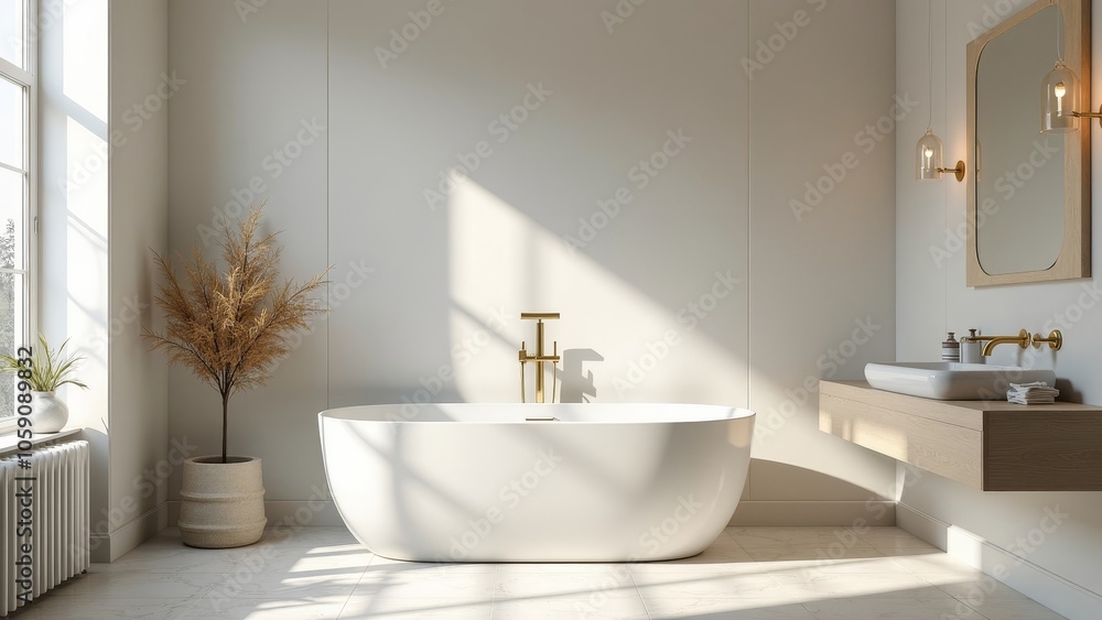 Fototapeta premium Luxurious Minimalist Bathroom with Freestanding Tub and Gold Fixtures
