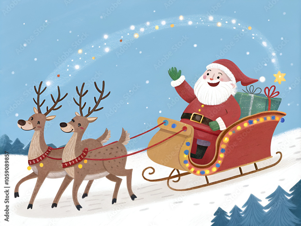 Fototapeta premium Merry Christmas day, Santa Claus in a deer carriage including deer isolated on transparent background. Generative AI