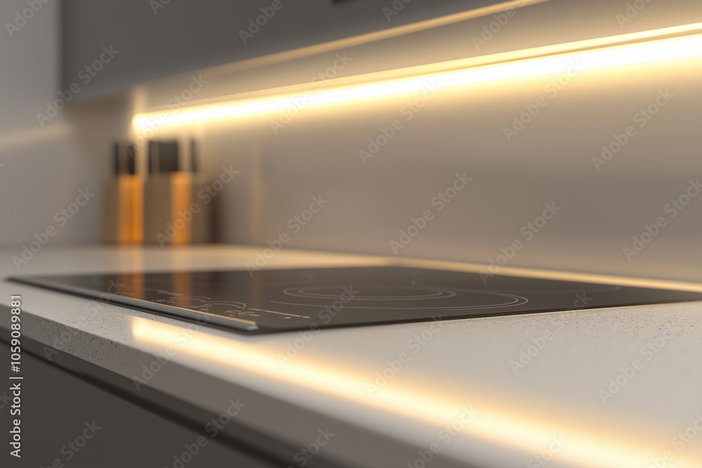 Modern kitchen with sleek black induction cooktop on white countertop, illuminated by warm under-cabinet lighting. Minimalist design with neutral tones and knife set in background. Ideal for interior Modern kitchen with sleek black induction cooktop on white countertop, illuminated by warm under-cabinet lighting. Minimalist design with neutral tones and knife set in background. Ideal for interior