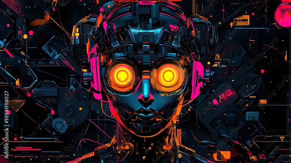 Futuristic Cyborg Head with Glowing Eyes and Neon Lights Futuristic Cyborg Head with Glowing Eyes and Neon Lights