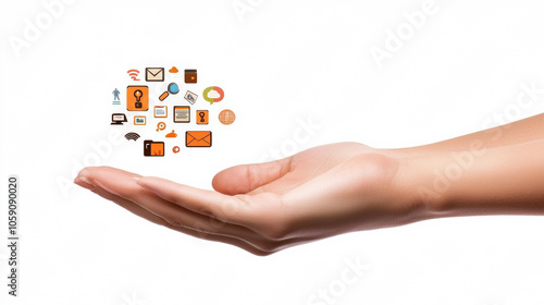 A hand is open, presenting various colorful icons representing communication and technology, symbolizing digital connection and information sharing.