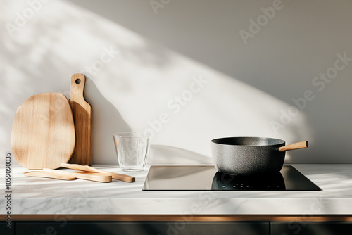 Bright, minimalist kitchen featuring a marble countertop, induction cooktop with a black pot, wooden cutting boards, and natural sunlight for a warm ambiance.
