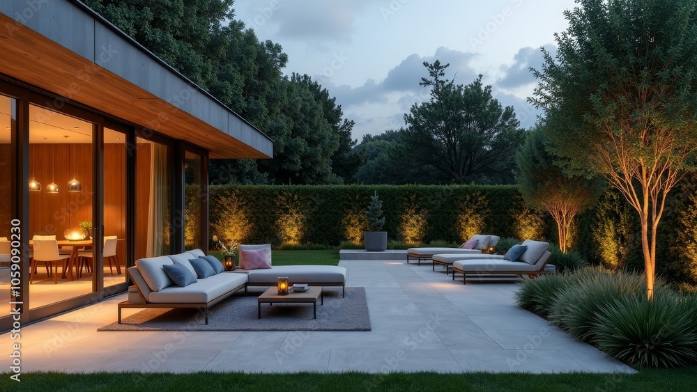 Obraz premium Serene Garden Terrace with Elegant Furnishings and Ambient Lighting