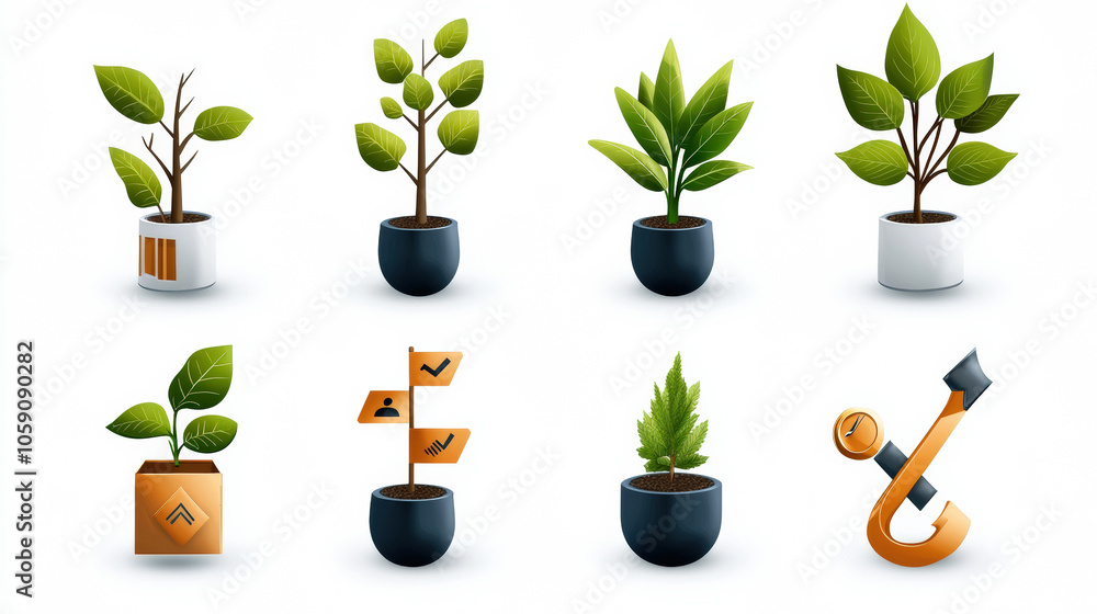 A colorful arrangement of various potted plants showcasing different leaf shapes and styles in a modern design. A colorful arrangement of various potted plants showcasing different leaf shapes and styles in a modern design.