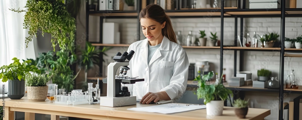 Female Scientist Working in Lab with Microscope and Plants Female Scientist Working in Lab with Microscope and Plants