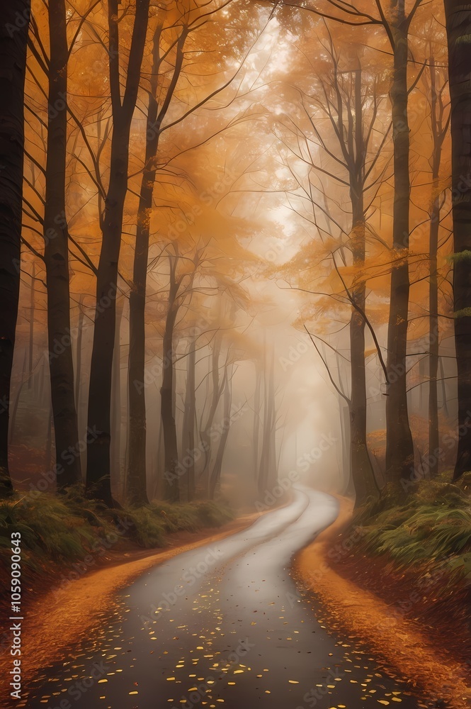 Naklejka premium Serene Autumn Forest Path with Mist and Fallen Leaves - Mystical and Tranquil Nature Scene, Perfect for Seasonal and Nature-Themed Projects and Backgrounds