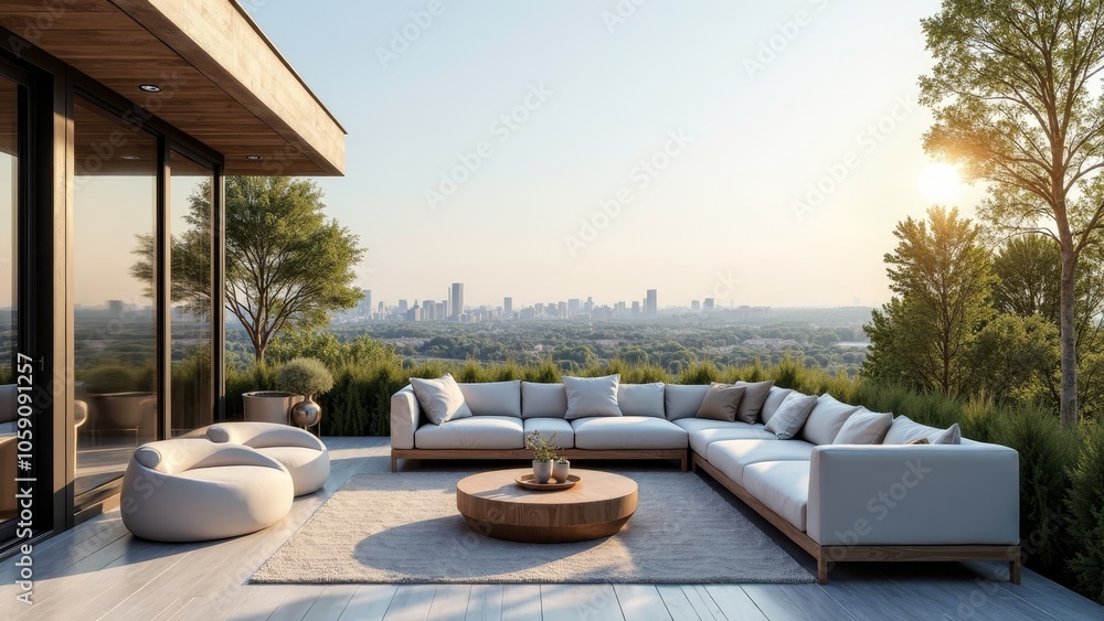 Fototapeta premium Chic Rooftop Patio with Panoramic City Views at Sunrise