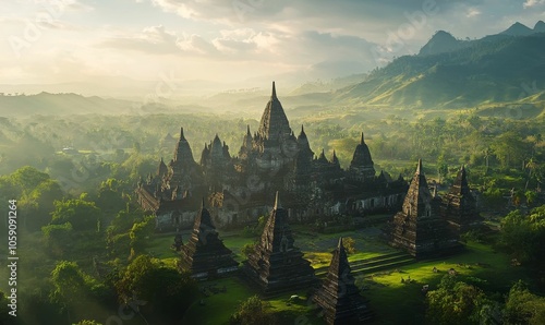 Ancient temple complex nestled in green hills.