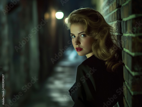 Film noir scene of a woman in night street alley with copy space, looking over her shoulder