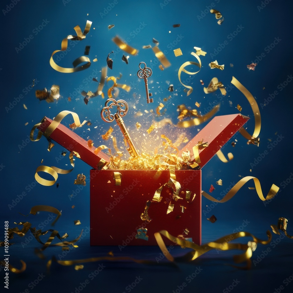 Naklejka premium Three keys emerge from a bursting red gift box