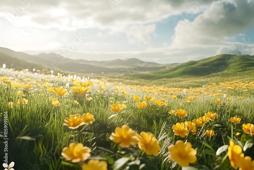 A vibrant field of yellow flowers under a bright sky, showcasing nature's beauty.