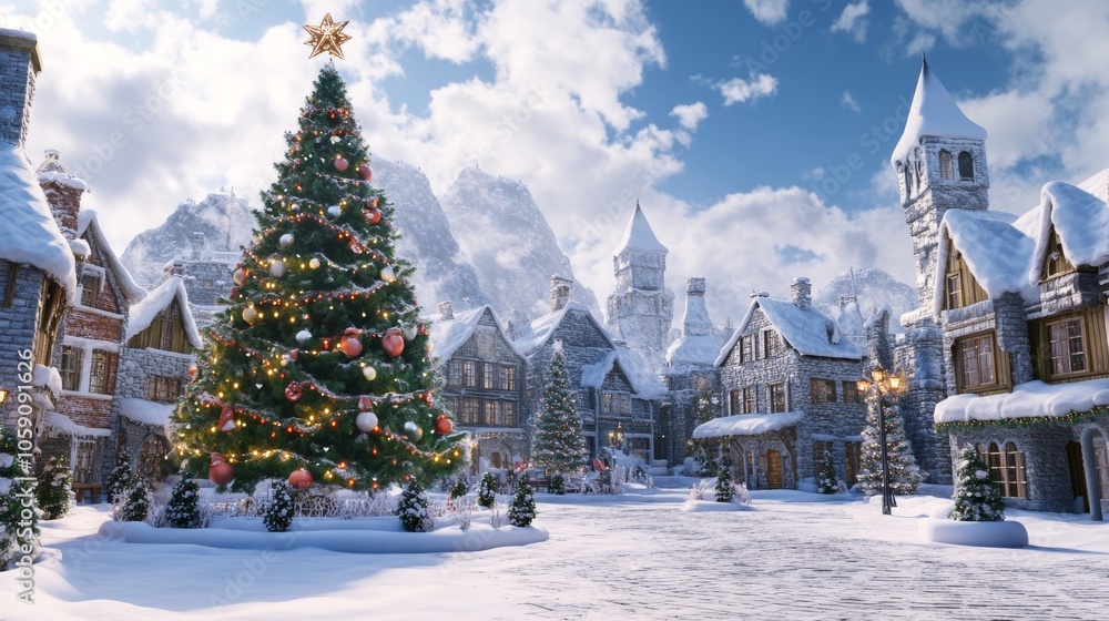 Village Square with Giant Christmas Tree in Winter Village Square with Giant Christmas Tree in Winter