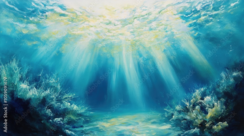 Fototapeta premium Tranquil ocean depths with gentle sunlight penetrating the water, creating a calm, ethereal underwater glow.