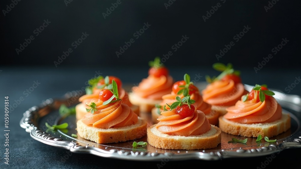 Artfully Crafted Canapés on Silver Platter with Minimalist Dark Background Artfully Crafted Canapés on Silver Platter with Minimalist Dark Background