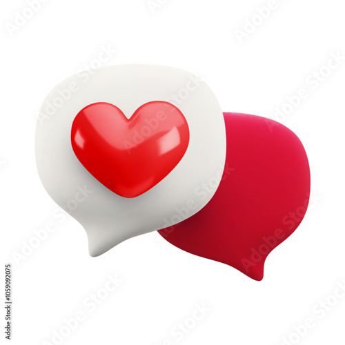 Vector cartoon minimal 3d love chat icon. Realistic render of speech bubbles with red heart. Cute flirt messaging concept, online valentine in social media, love message sign for web, app, game.
