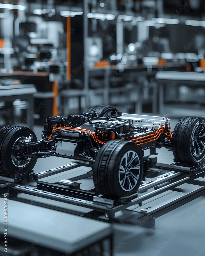 Fototapeta premium Electric Car Chassis Assembly Line Automotive Manufacturing Process