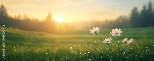 
Fresh cosmos flowers with dew drops shining in the morning light, symbolizing purity and new beginnings,