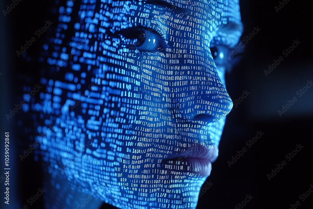 The image presents a frontal shot of a screen filled with neon blue code in ASCII style, creating the outline of a human face The image presents a frontal shot of a screen filled with neon blue code in ASCII style, creating the outline of a human face