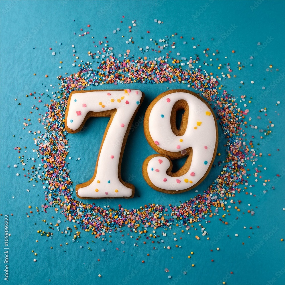Decorated cookie, number 79, image for birthday or anniversary celebration Decorated cookie, number 79, image for birthday or anniversary celebration