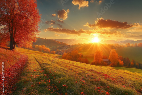 Fototapeta Naklejka Na Ścianę i Meble -  A beautiful autumn day with a bright sun shining on a field of grass