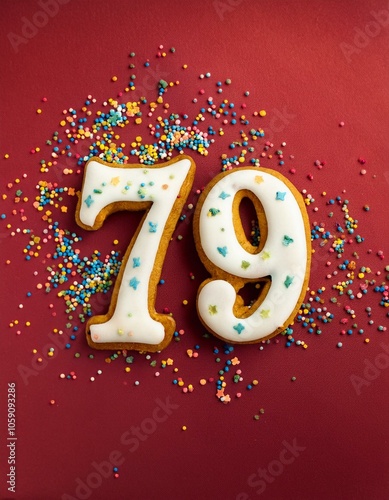 Decorated cookie, number 79, image for birthday or anniversary celebration photo