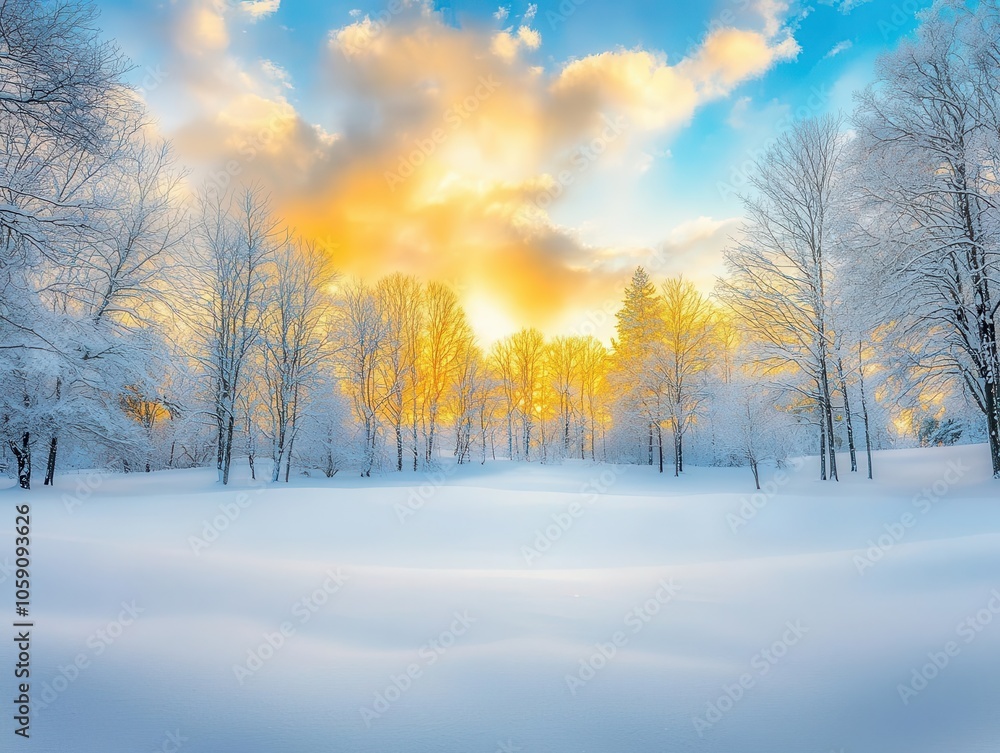 Frosty morning with a snowcovered field, golden sunlight breaking through the trees Frosty morning with a snowcovered field, golden sunlight breaking through the trees
