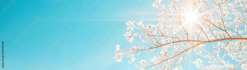 Frosty tree branches glittering under the winter sun, peaceful and serene Frosty tree branches glittering under the winter sun, peaceful and serene