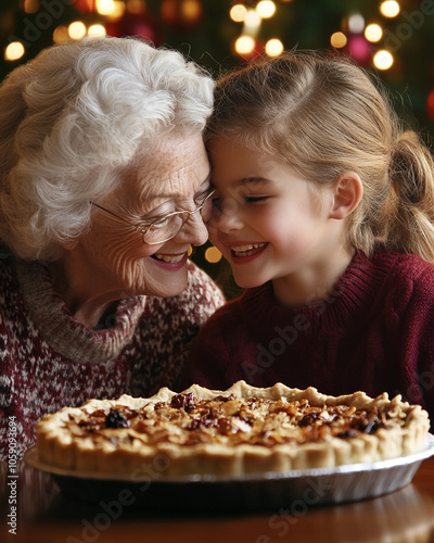 A grandmother and her granddaughter are smiling at each other, looking at a pie on the table in front of them. They are both dressed warmly and appear to be enjoying their time together