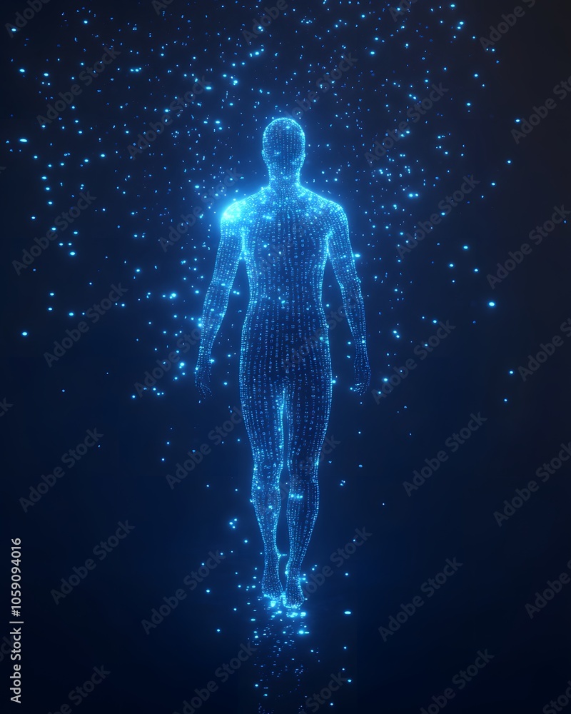 Glowing Digital Human Figure with Blue Particles on Dark Background Glowing Digital Human Figure with Blue Particles on Dark Background