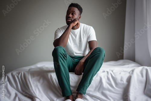 A man sitting on the edge of his bed, wearing green trousers and a white t-shirt, is holding his chin with his hand while thinking about something troubling during the morning at home. photo