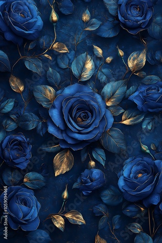 Elegant blue roses with gold accents a stunning floral design that enchants the senses and elevates any space