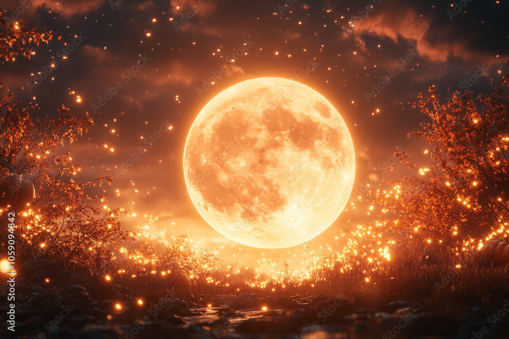 A glowing orange moon is surrounded by a field of trees A glowing orange moon is surrounded by a field of trees