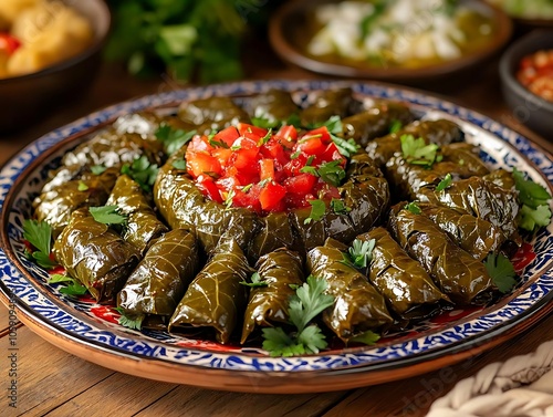 Delicious Grape Leaves Stuffed with Rice and Meat, Served on a Colorful Plate - Food Photography