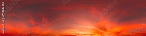 Sunset sky with bright glowing pink Cirrus clouds. Seamless spherical HDR 360 panorama. Full zenith or sky dome in 3D, sky replacement for aerial drone panoramas. Climate and weather change.