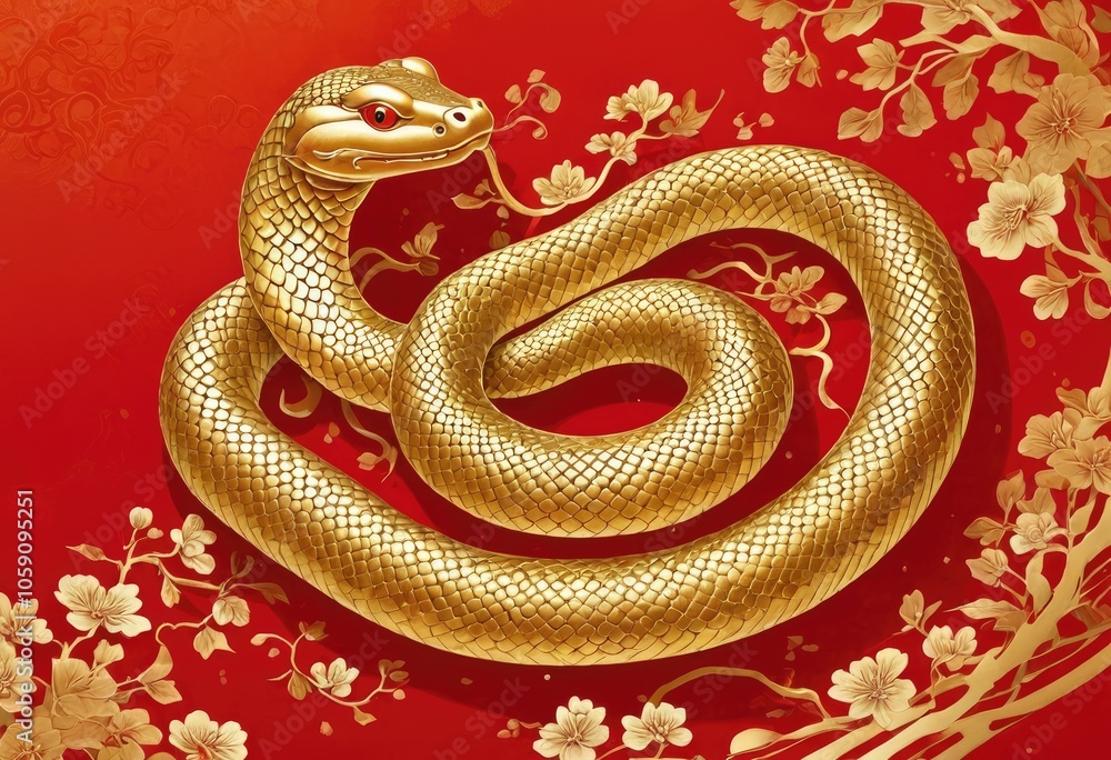 Fototapeta premium Golden snake on red background. Chinese New Year.